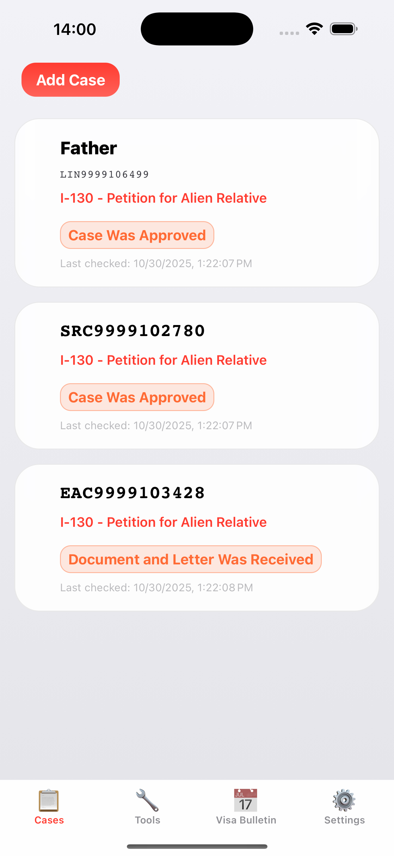 USCIS Case Checker Home Screen - Track multiple immigration cases